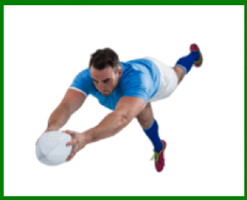 player in horizontal leap, stretching out the rugby ball