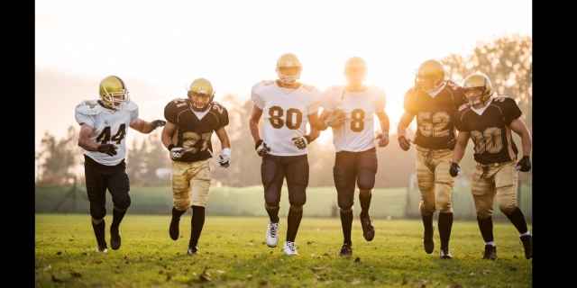 six amateur football players training